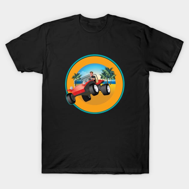 Red Dune Buggy Jumps over Dune with Palms & Beach T-Shirt by PauHanaDesign